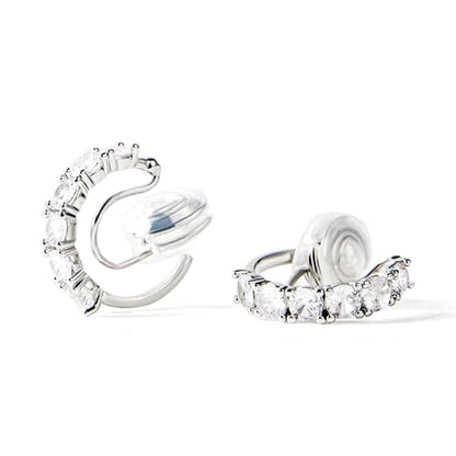 Clip-On Hoop Earrings for Women – White Gold Plated Non-Pierced Earrings with Cubic Zirconia – Adjustable Fake Piercing Earrings