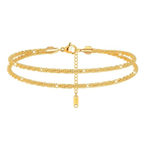 Silver Anklets for women,Layered Anklets Bracelets Adjustable Summer Beach Jewelry - color: Gold Double