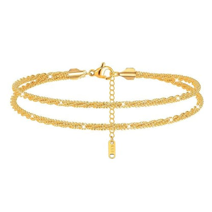 Silver Anklets for women,Layered Anklets Bracelets Adjustable Summer Beach Jewelry - color: Gold Double