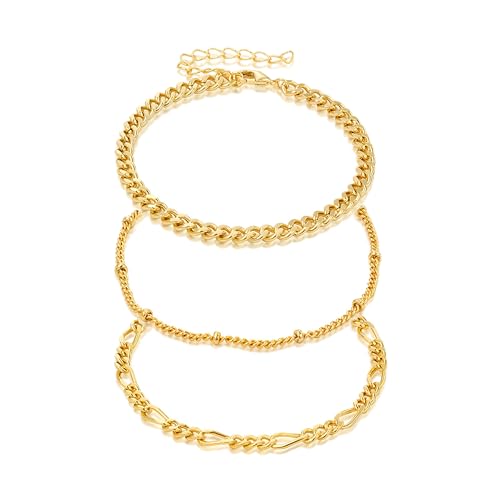 14K Gold Ankle Bracelet for Women, Gold Plated Layered Minimalist Chain Anklet, Dainty Beach Jewelry, Adjustable, Gift for Her