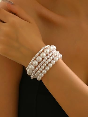 Pearl Bracelets for Women Simulated Pearl Beaded Bracelet White Pearls Stackable Stretch Bracelet Set Multilayered Elastic Pearls Bracelets for Women Bridesmaid Bridal Jewelry - color: pearl