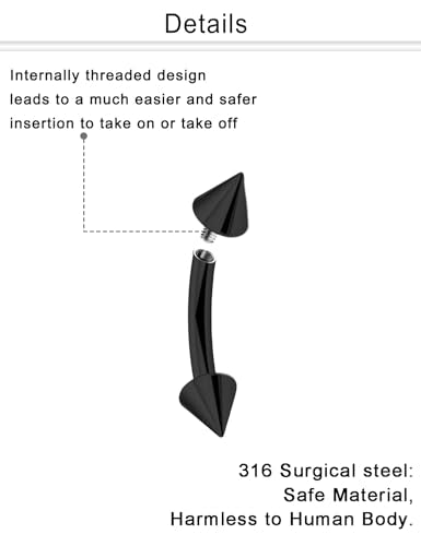 Eyebrow Piercing Jewelry Internally Threaded Surgical Steel Curved Barbell Tiny Eyebrow Ring Vertical Labret Lip Jewelry Ear Rook Navel Small Belly Button Ring for Women Men 18g 16g 14g - color: black,14g