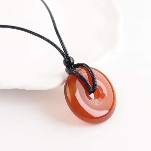 FANASY Natural Gemstone Pendant Necklce Lucky Coin Crystal Necklace Protection Donut Pendnat with Adjustable Rope for Men Women - color: Red Agate