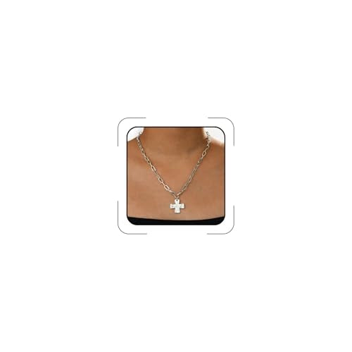 Chunky Cross Necklace for Women,Gold Silver Layered Hammered Cross Pendant Necklace Statement Paperclip Toggle Charm Chain Herringbone Snake Choker Christian Jewelry Outfit Accessories - color: BSilver