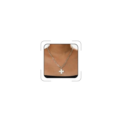 Chunky Cross Necklace for Women,Gold Silver Layered Hammered Cross Pendant Necklace Statement Paperclip Toggle Charm Chain Herringbone Snake Choker Christian Jewelry Outfit Accessories - color: BSilver