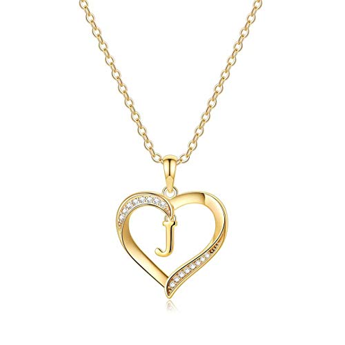 Yesteel Heart Initial Necklaces for Women, 14K Gold Plated Cubic Zirconia Heart Pendant Necklace, Dainty Initial Charm Necklace Letter A to Z Jewelry for Women Girls - style: J
