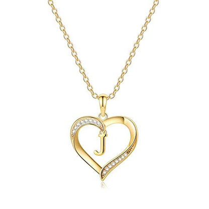 Yesteel Heart Initial Necklaces for Women, 14K Gold Plated Cubic Zirconia Heart Pendant Necklace, Dainty Initial Charm Necklace Letter A to Z Jewelry for Women Girls - style: J
