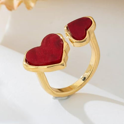 Retro Enamel Double Hearts Open Statement Ring for Women Fashion Simple Asymmetry Love Hearted Wrap Finger Knuckle Adjustable Bands Rings Gold Plated Wedding Eternity Promise Engagement Jewelry - color: Red