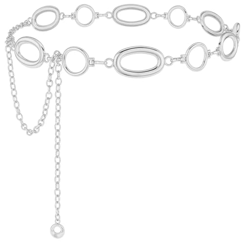 SUOSDEY Gold Silver Waist Chain Belt for Women,Fashion Metal Adjustable Chain Belts for Dresses - color: 14-silver(oval & Round), size: Fit for Waist up to 52 inches