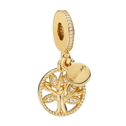 14K Gold Plated Silver Charms for Pandora, Women Heart Family Love Pet Animal Bead Dangle for Bracelets Necklace Jewelry Gift - color: B-Golden Family Tree