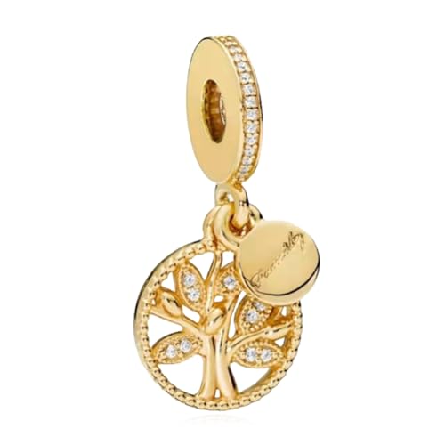 14K Gold Plated Silver Charms for Pandora, Women Heart Family Love Pet Animal Bead Dangle for Bracelets Necklace Jewelry Gift - color: B-Golden Family Tree