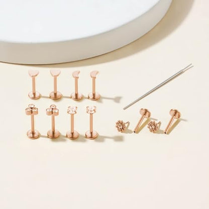 Uni-J 10pcs 20G/18G/16G Threadless Push-in Tragus Conch Cartilage Flat Back Helix Labret Monroe Lip Ring Daith Piercing Jewelry - color: 18G Rose Gold 8mm