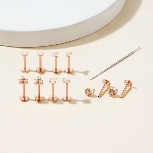 Uni-J 10pcs 20G/18G/16G Threadless Push-in Tragus Conch Cartilage Flat Back Helix Labret Monroe Lip Ring Daith Piercing Jewelry - color: 16G Rose Gold 8mm