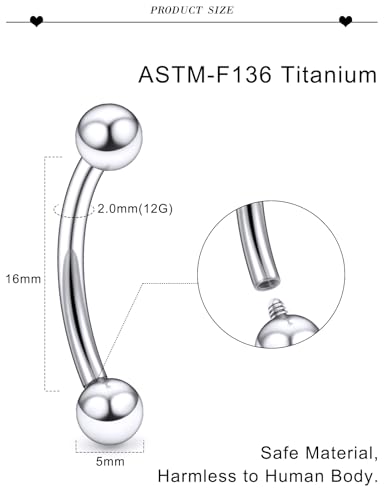20G 18G 16G 14G 12G 8G 6G 4G 2G Astm F136 Titanium Internal Thread Eyebrow Piercing Jewelry Curved Barbell Vertical Labret Lip Daith Rook Earrings Navel Belly Button Ring Piercing Jewelry - style: 12G, 16MM Length, Ball