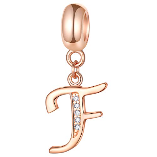 EMOSTAR Letter Charms Initial A-Z Alphabet Beads, Rose Gold 925 Sterling Silver Dangle CZ Birthstone Pendant, Gifts for European Charm Bracelet/Mothers Day/Birthday - color: Letter F