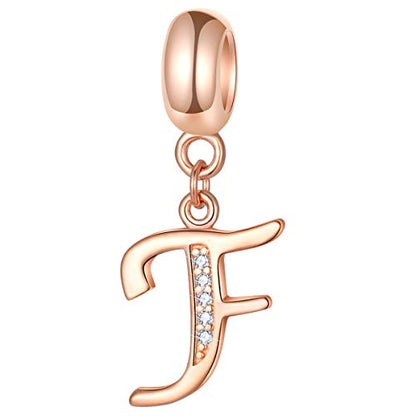 EMOSTAR Letter Charms Initial A-Z Alphabet Beads, Rose Gold 925 Sterling Silver Dangle CZ Birthstone Pendant, Gifts for European Charm Bracelet/Mothers Day/Birthday - color: Letter F