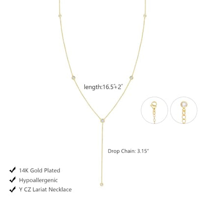 LULII Gold Necklace for Women Trendy Lariat Y Necklace Dainty 14k Gold Plated/Silver Long Necklaces for Women Layered Beaded Drop Necklaces Simple Y-Shaped Chain Jewelry Gifts - color: Y 6CZ Necklace-Gold