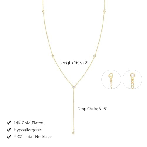 LULII Gold Necklace for Women Trendy Lariat Y Necklace Dainty 14k Gold Plated/Silver Long Necklaces for Women Layered Beaded Drop Necklaces Simple Y-Shaped Chain Jewelry Gifts - color: Y 6CZ Necklace-Gold