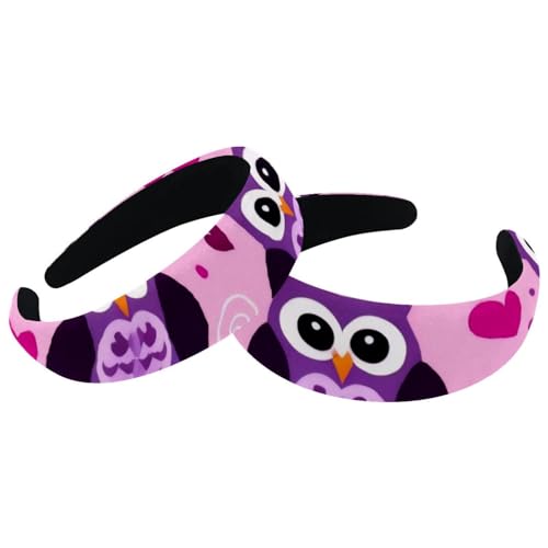 2 Pcs Wide Padded Headband Velvet Headbands Puffy Thick Hairbands Soft Hair bands for Women Girls Hair Accessories for Teen Girls,Pink Owls Pattern - color: Multi-colored 3