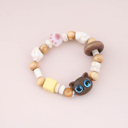 Boho Cartoon Cat Bracelet Wooden Beaded Strand Stretch Bracelets Brown Acrylic Cat Chain Bracelet Jewelry for Women