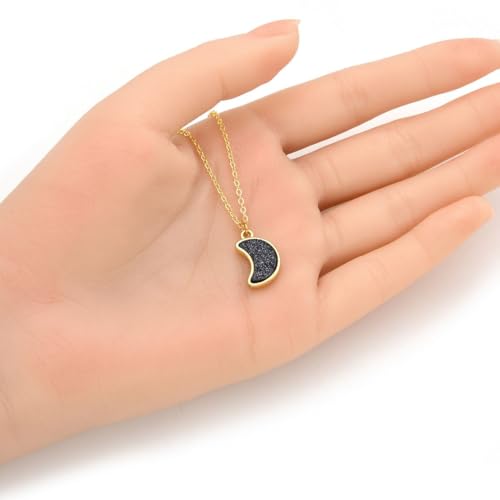 Adabele Natural Druzy Necklace Small Tiny Moon Gemstone Pendant 18 inch Sparkly Agate Stone Crystal Women Jewelry Tarnish Resistant Stainless Steel/Gold Plated Chain - color: Hematite black druzy - gold plated