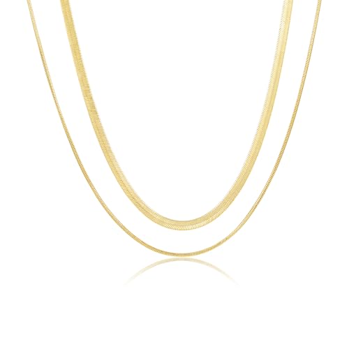 3PCS Gold Necklaces for Women,Chunky Statement Gold Plated Necklace Stack Layered Sterling Silver Herringbone Chains for Women Dainty Trendy Silver Chains Stacked Jewelry Gifts - color: Gold 2pc Chain
