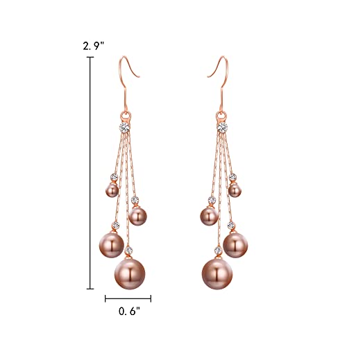 EleQueen Women's Silver-tone Crystal Simulated Pearl 4 Chain Bridal Long Dangle Hook Earrings Ivory Color - color: A-Brown Rose Gold-Tone
