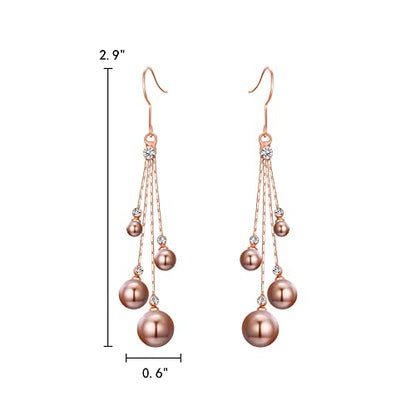 EleQueen Women's Silver-tone Crystal Simulated Pearl 4 Chain Bridal Long Dangle Hook Earrings Ivory Color - color: A-Brown Rose Gold-Tone