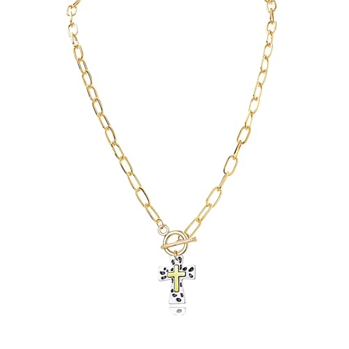 Chunky Cross Necklace for Women,Gold Silver Layered Hammered Cross Pendant Necklace Statement Paperclip Toggle Charm Chain Herringbone Snake Choker Christian Jewelry Outfit Accessories - color: ASilver Gold