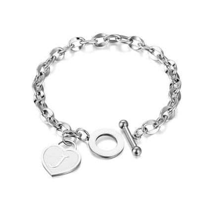Initial Heart Charm Bracelets for Women 14K gold/Silver Tone Stainless Steel OT Clasp Heart A-Z Letter Name Bangle Bracelet Gifts - color: J