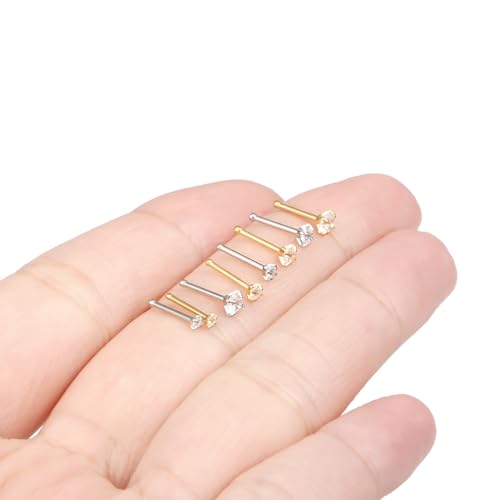 8Pcs Nose Rings Studs 14K Gold Filled Surgical Steel L-Shape Nose Rings for Women 1.5/2mm/2.5mm/3mm Cubic Zirconia Nostril Screw Studs Hypoallergenic Nostril Piercings 20g 18g - color: 8pcs,20g,mix color,straight
