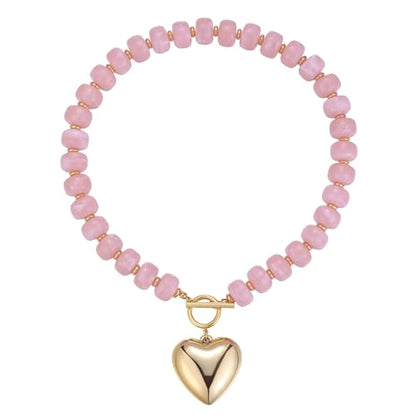 Chunky Heart Necklaces for Women Colorful Resin Beaded Necklaces for Women Gold Puffy Heart Statement Necklace Trendy Acrylic Choker Jewelry Gift - color: light pink
