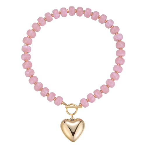 Chunky Heart Necklaces for Women Colorful Resin Beaded Necklaces for Women Gold Puffy Heart Statement Necklace Trendy Acrylic Choker Jewelry Gift - color: light pink