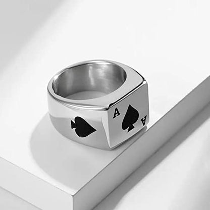 VQYSKO 14K Gold Plated Square Signet Ring | Stainless Steel Band for Men - color: Silver Spade Ace