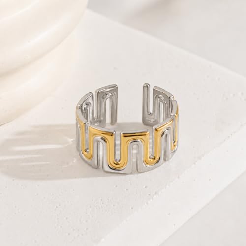 Gold Open Ring Stainless Steel Geometric Wide Band Adjustable Statement Ring for Women Daily Party Jewelry - color: B0104-Silver