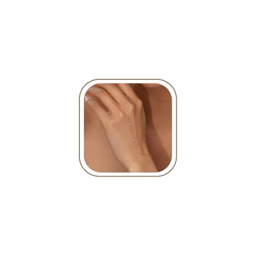 Waterproof 14K Gold Plated Hand Chain for Women Trendy, Non Tarnish Dainty Cubic Zirconia Finger Ring Bracelet, Summer Beach Hand Jewelry Minimalist Adjustable Simple Cute Gold Ring Chain Bracelets Fashion Gifts - color: gold