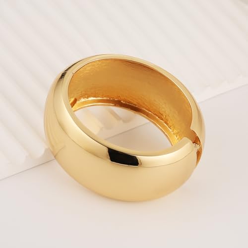 HZMAN Chunky Gold Cuff Bracelets for Women Thick Wide Bangle Bracelet Hammered Open Hinge Wrist Cuff Bracelet Jewelry Gift - color: 05.Round Polished Gold
