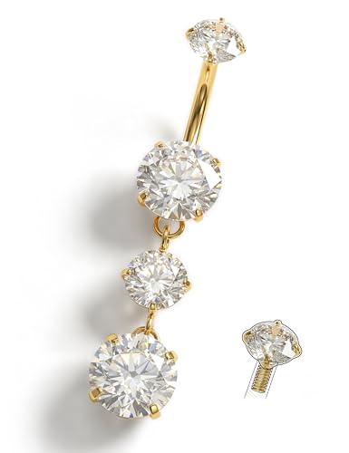 Jstyle G23 Titanium Belly Button Rings for Women 14G Internal Threaded | 14G Dangling Navel Ring, Hypoallergenic Belly Button Bar with Spacking AAAAA+ Cubic Zirconia, 10mm Bar Length Belly Piercing - color: Gold Plated: Dangling