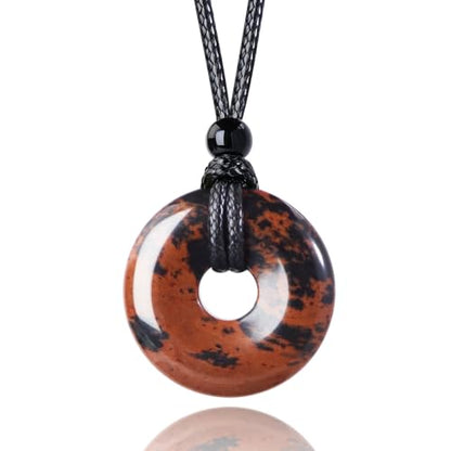 FANASY Natural Gemstone Pendant Necklce Lucky Coin Crystal Necklace Protection Donut Pendnat with Adjustable Rope for Men Women - color: Golden Swan Stone