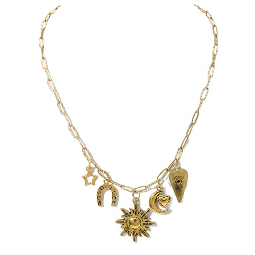 JNF Cute Shell Conch Boho Charm Necklace for Women Sun Moon Star Coin Heart Flower Boot Bow Charms Necklaces Summer Beach Jewelry - color: moon charm sun necklace
