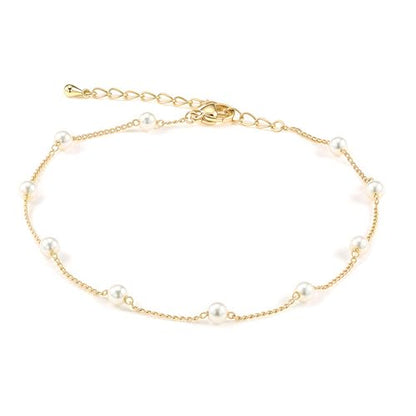 Ankle Bracelets for Women 14K Gold Plated Anklet Silver Anklets Waterproof Evil Eye Beaded Pearl Tennis Crystal Heart Cuba Link Chain Anklets Dainty Jewelry Gift for Her - color: Pearl-Gold