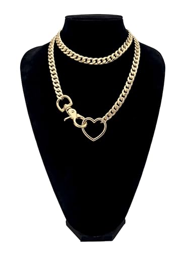 paloli Women's Slip Chain Rainbow Heart O-Ring Chunky Chain Necklace, Rays Cuban Long Layered Jewelry, Adjustable Lariat Y-Necklace Heart Loop Choker - color: B-Heart-Gold