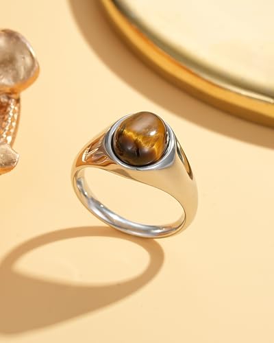 YeGieonr Gold Signet Rings for Women Non Tarnish Gold Rings, Waterproof Gemstones Statement Ring, 18K Gold Plated Stainless Steel Gem Stone Jewelry Gift for Everyday Wear - color: Tiger Eye Silver