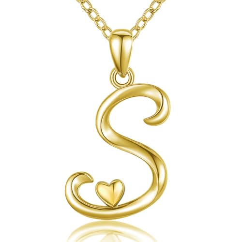 CELESTIA 925 Sterling Silver Initial Necklaces 26 Letter with Rose Gold Heart - 18 Inch Chain - color: Gold-S