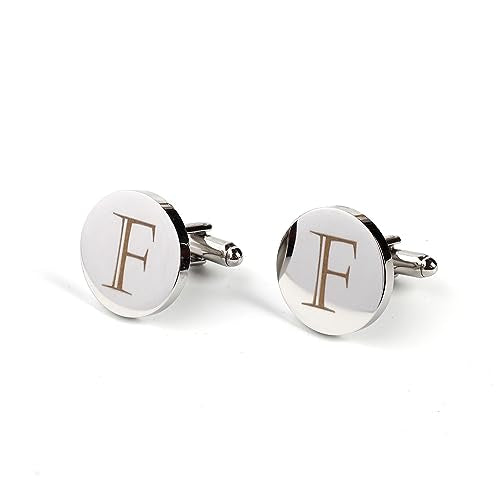 Mens Initial Silver Cufflinks A-Z Alphabet Letter Steel Cuff Links with Engraved Walnut Wood Box Groom Groomsman Wedding Set… - style: F