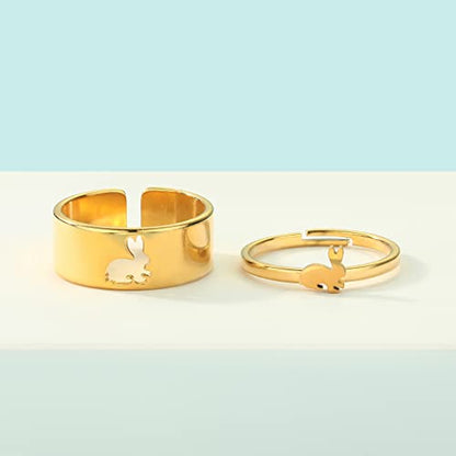 2PCS Matching Cute Animals Promise Engagement Rings for Couples Men Women Jewelry Band Sets 316L Stainless Steel Adjustable Open Ring - color: Rabbit-g