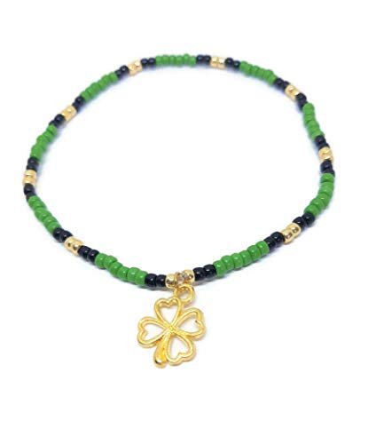 Shamrock charm anklet. St Patrick's Day green, gold, and black beaded elastic stretch stacking minimalist anklet with gold colored shamrock charm.