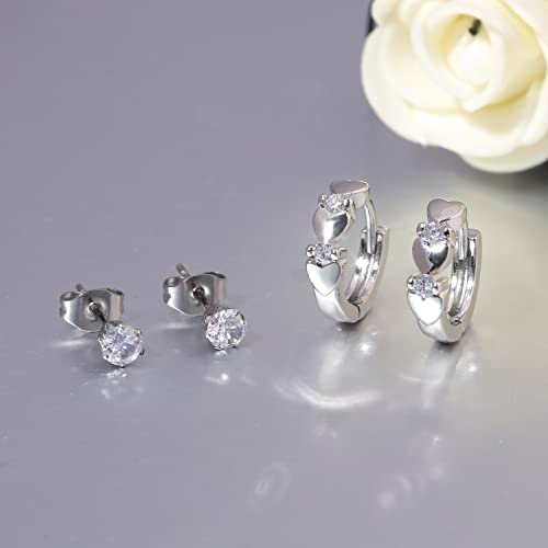 CiNily 14K White Gold Plated Small Hoop Earrings for Women Girls Heart Cubic Zirconia Hypoallergenic Earrings - color: Studs set-silver-white
