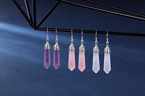 Jovivi 3Pairs Healing Crystals Earrings Sets for Women Natural Real Amethyst Rose Quartz Stone Healing Hexagonal Points Crystal Chakra Dangle Earrings - color: Style 2