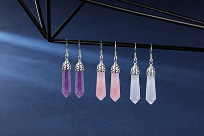 Jovivi 3Pairs Healing Crystals Earrings Sets for Women Natural Real Amethyst Rose Quartz Stone Healing Hexagonal Points Crystal Chakra Dangle Earrings - color: Style 2